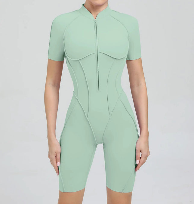 Seamless Yoga Jumpsuits Sports Fitness Zipper Hip-lifting Short-sleeved Backless Dance Workout Gym Shorts Bodysuits for Women