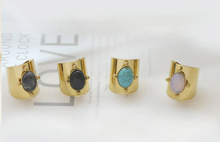 EcoWarra Wild&Free Stainless Steel Gold Plated Wide Rings For Women Big Natural Stone Finger Ring Vintage Jewelry Best Gift