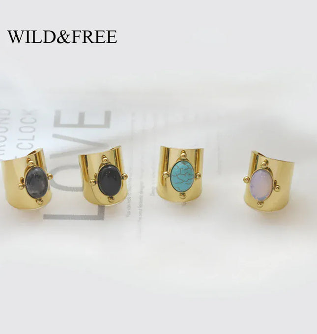 EcoWarra Wild&Free Stainless Steel Gold Plated Wide Rings For Women Big Natural Stone Finger Ring Vintage Jewelry Best Gift