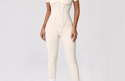 Seamless Yoga Jumpsuits Sports Fitness Zipper Hip-lifting Short-sleeved Backless Dance Workout Gym Shorts Bodysuits for Women