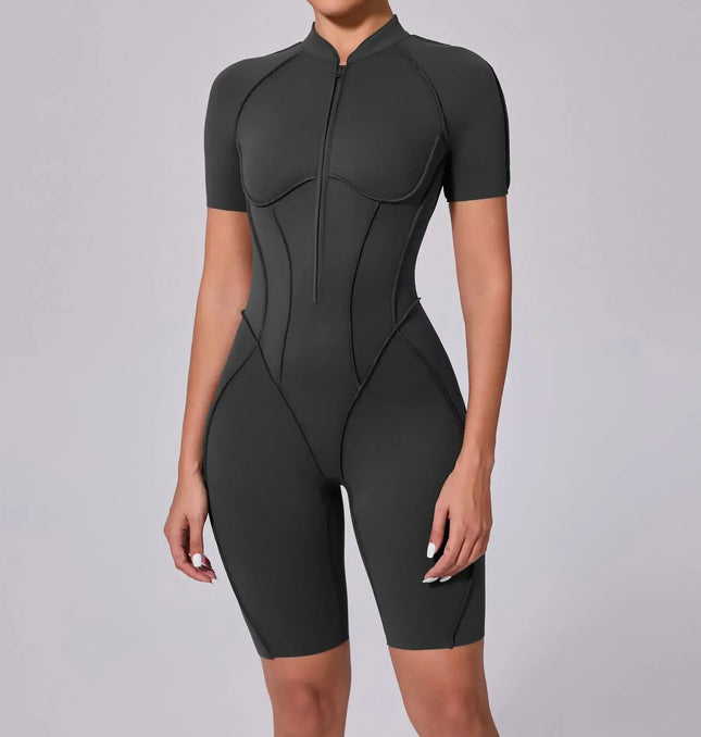 Seamless Yoga Jumpsuits Sports Fitness Zipper Hip-lifting Short-sleeved Backless Dance Workout Gym Shorts Bodysuits for Women