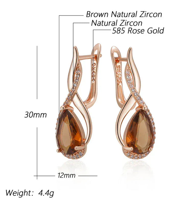 EcoWarra Gold-color Wbmqda Brown Stone Long Drop Earrings For Women 585 Rose Gold Color High Quality Daily Party Jewelry Accessories