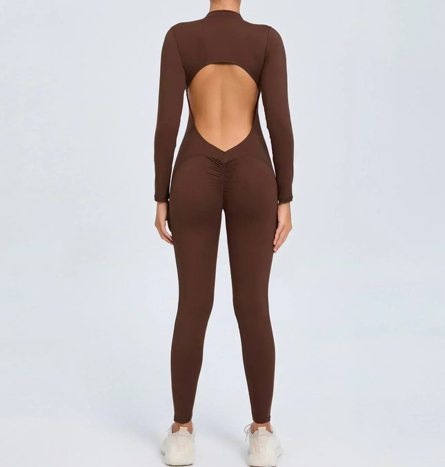 Seamless Yoga Zipper Jumpsuits Sports Fitness Beauty Back Hip-Lifting Long-Sleeved One-Piece Workout Gym Bodysuits for Women