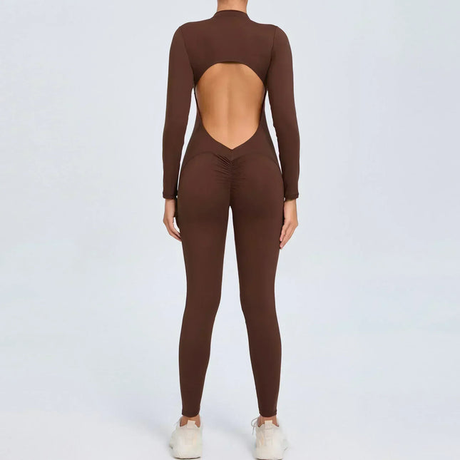 Seamless Yoga Zipper Jumpsuits Sports Fitness Beauty Back Hip-Lifting Long-Sleeved One-Piece Workout Gym Bodysuits for Women
