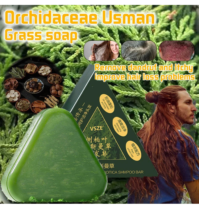 Usman Grass & Platycladus Shampoo Bar Hair Growth Natural Hair Loss Treat Strengthens Roots Control Oil Cleanses Scalp Soap 120g