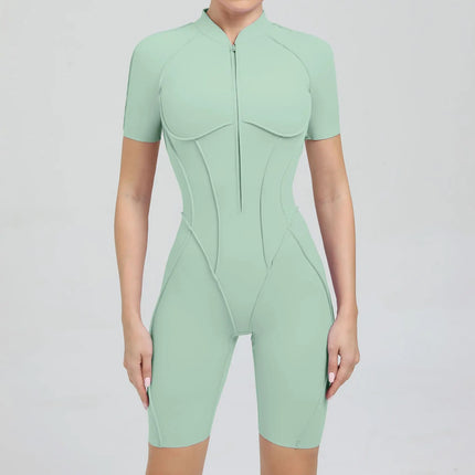 Seamless Yoga Jumpsuits Sports Fitness Zipper Hip-lifting Short-sleeved Backless Dance Workout Gym Shorts Bodysuits for Women