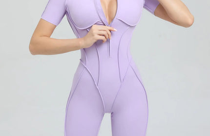 Seamless Yoga Jumpsuits Sports Fitness Zipper Hip-lifting Short-sleeved Backless Dance Workout Gym Shorts Bodysuits for Women