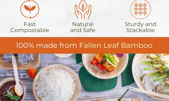 200 Disposable Leaf/Bamboo Plates and Cutlery Pack for a 25 People Eco Party