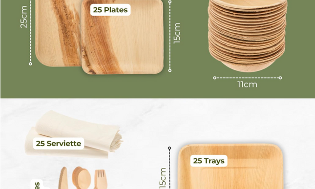 200 Disposable Leaf/Bamboo Plates and Cutlery Pack for a 25 People Eco Party