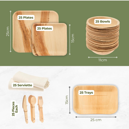 200 Disposable Leaf/Bamboo Plates and Cutlery Pack for a 25 People Eco Party