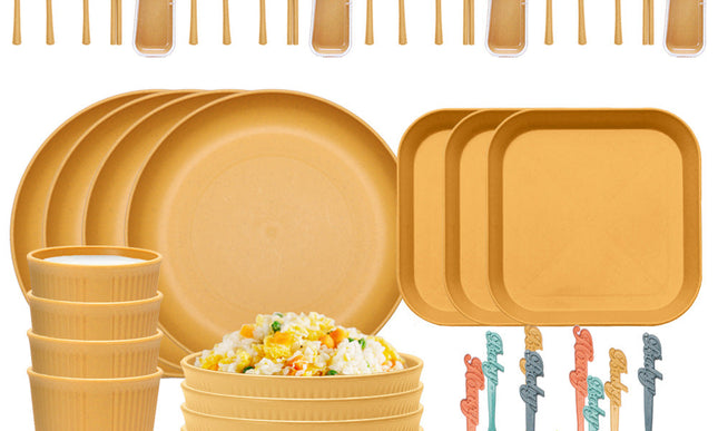 Four-person Set Yellow Eco-Friendly Wheat Straw Dinnerware Set,  Plate, Bowl, Cup & Utensil Set - Lightweight, Reusable, and Durable for Home, School, and Travel