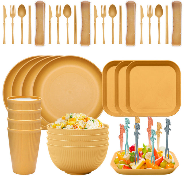 Four-person Set Yellow Eco-Friendly Wheat Straw Dinnerware Set,  Plate, Bowl, Cup & Utensil Set - Lightweight, Reusable, and Durable for Home, School, and Travel-0