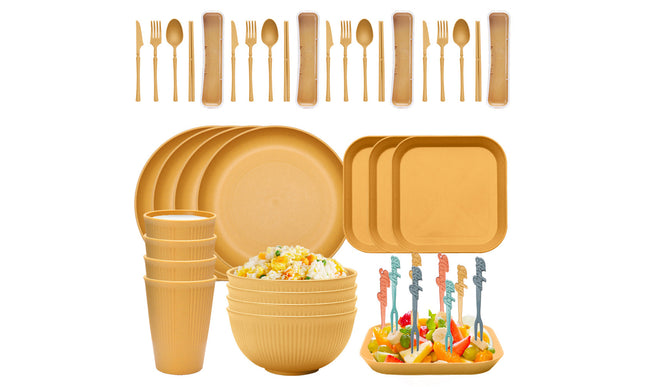 Four-person Set Yellow Eco-Friendly Wheat Straw Dinnerware Set,  Plate, Bowl, Cup & Utensil Set - Lightweight, Reusable, and Durable for Home, School, and Travel
