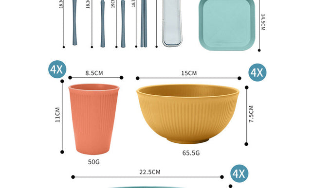 Four-person Set Yellow Eco-Friendly Wheat Straw Dinnerware Set,  Plate, Bowl, Cup & Utensil Set - Lightweight, Reusable, and Durable for Home, School, and Travel
