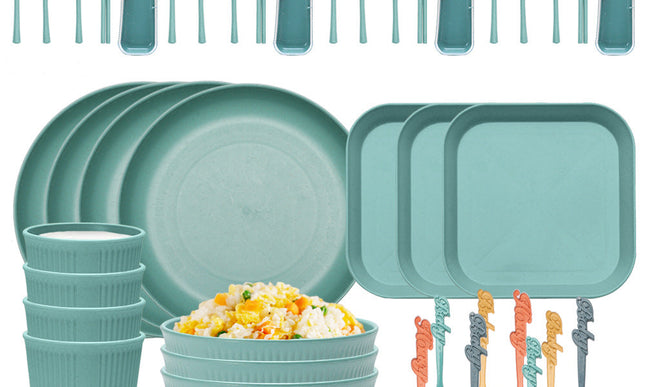 Four-person Set Green Eco-Friendly Wheat Straw Dinnerware Set,  Plate, Bowl, Cup & Utensil Set - Lightweight, Reusable, and Durable for Home, School, and Travel