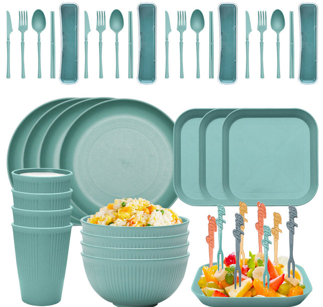 Four-person Set Green Eco-Friendly Wheat Straw Dinnerware Set,  Plate, Bowl, Cup & Utensil Set - Lightweight, Reusable, and Durable for Home, School, and Travel-0