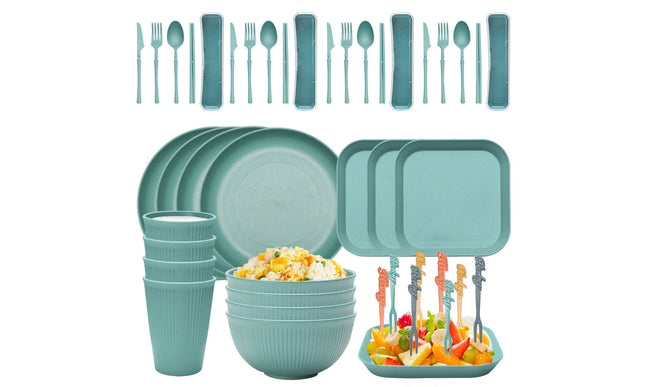 Four-person Set Green Eco-Friendly Wheat Straw Dinnerware Set,  Plate, Bowl, Cup & Utensil Set - Lightweight, Reusable, and Durable for Home, School, and Travel