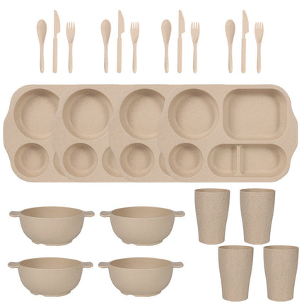 Beige Durable Eco-Friendly Wheat Straw Dinnerware Set - 24 Pieces with Plates, Bowls, Cups & Cutlery-0
