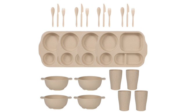 Beige Durable Eco-Friendly Wheat Straw Dinnerware Set - 24 Pieces with Plates, Bowls, Cups & Cutlery-0