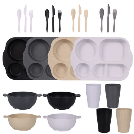 Black, Dark Grey, White, Beige Durable Eco-Friendly Wheat Straw Dinnerware Set - 24 Pieces with Plates, Bowls, Cups & Cutlery-0