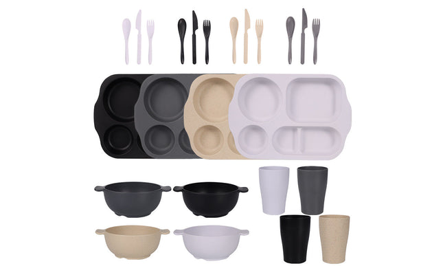 Black, Dark Grey, White, Beige Durable Eco-Friendly Wheat Straw Dinnerware Set - 24 Pieces with Plates, Bowls, Cups & Cutlery-0