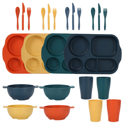 Macaron 4 Colours Durable Eco-Friendly Wheat Straw Dinnerware Set - 24 Pieces with Plates, Bowls, Cups & Cutlery-0