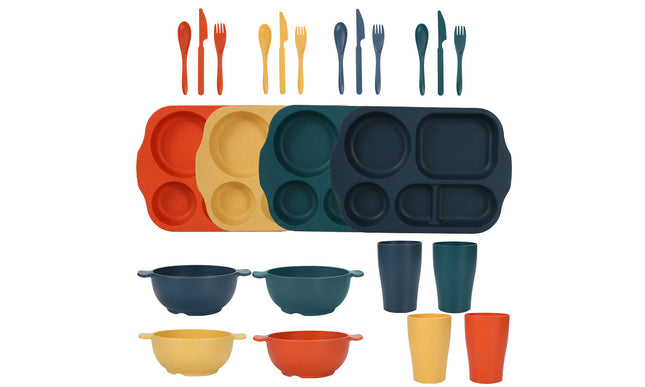 Macaron 4 Colours Durable Eco-Friendly Wheat Straw Dinnerware Set - 24 Pieces with Plates, Bowls, Cups & Cutlery-0