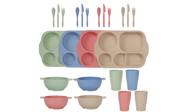 Scandinavian 4-colour Durable Eco-Friendly Wheat Straw Dinnerware Set - 24 Pieces with Plates, Bowls, Cups & Cutlery-0