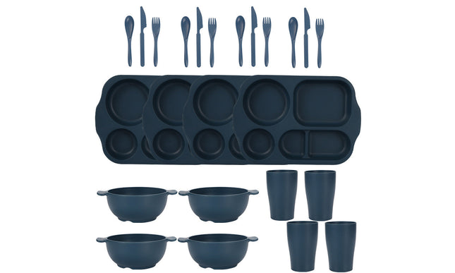 Dark Blue Durable Eco-Friendly Wheat Straw Dinnerware Set - 24 Pieces with Plates, Bowls, Cups & Cutlery