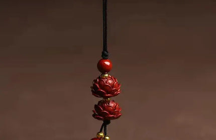 EcoWarra Customized Cinnabar Lotus flower Key Chain Organic Jewellery Carved Fashion Chinese Charm Gifts Amulet Bag Buckle Pendant Red