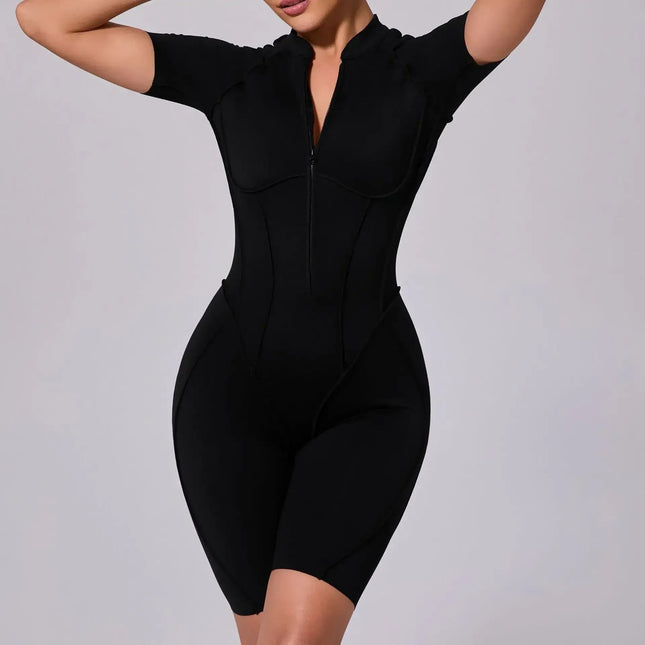 Seamless Yoga Jumpsuits Sports Fitness Zipper Hip-lifting Short-sleeved Backless Dance Workout Gym Shorts Bodysuits for Women