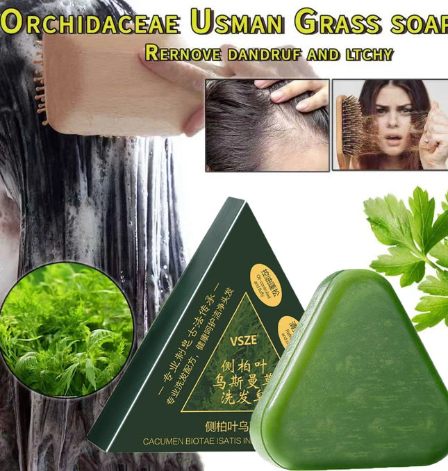 Usman Grass & Platycladus Shampoo Bar Hair Growth Natural Hair Loss Treat Strengthens Roots Control Oil Cleanses Scalp Soap 120g