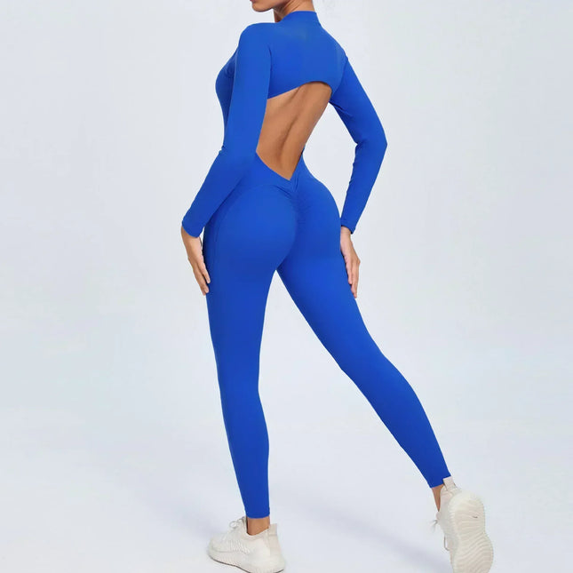 Seamless Yoga Zipper Jumpsuits Sports Fitness Beauty Back Hip-Lifting Long-Sleeved One-Piece Workout Gym Bodysuits for Women