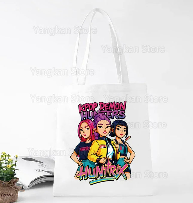 EcoWarra A141-13 Kpop Demon Hunter Canvas Bag Women Girls Simple Large Capacity Demon Hunters Handbag Shoulder Bag Tote Reusable Student Bookbag