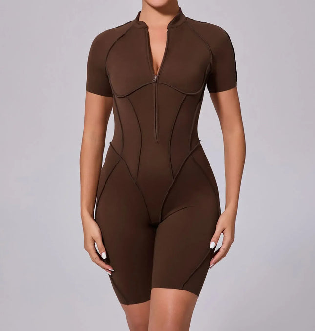 Seamless Yoga Jumpsuits Sports Fitness Zipper Hip-lifting Short-sleeved Backless Dance Workout Gym Shorts Bodysuits for Women
