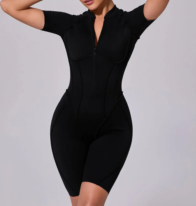 Seamless Yoga Jumpsuits Sports Fitness Zipper Hip-lifting Short-sleeved Backless Dance Workout Gym Shorts Bodysuits for Women