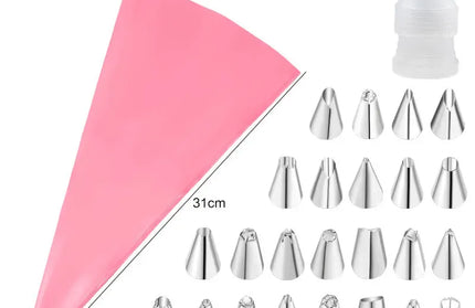 EcoWarra Pink 26pcs Multifunctional Cake Decorating Tools Silicone Pastry Bag Stainless Steel Cake Mouth Reusable Silicone Bag Tools Pastry Nozzle