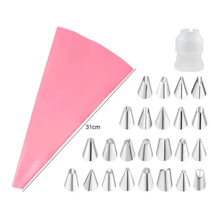 EcoWarra Pink 26pcs Multifunctional Cake Decorating Tools Silicone Pastry Bag Stainless Steel Cake Mouth Reusable Silicone Bag Tools Pastry Nozzle