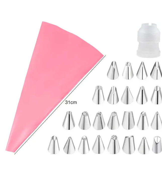 EcoWarra Pink 26pcs Multifunctional Cake Decorating Tools Silicone Pastry Bag Stainless Steel Cake Mouth Reusable Silicone Bag Tools Pastry Nozzle