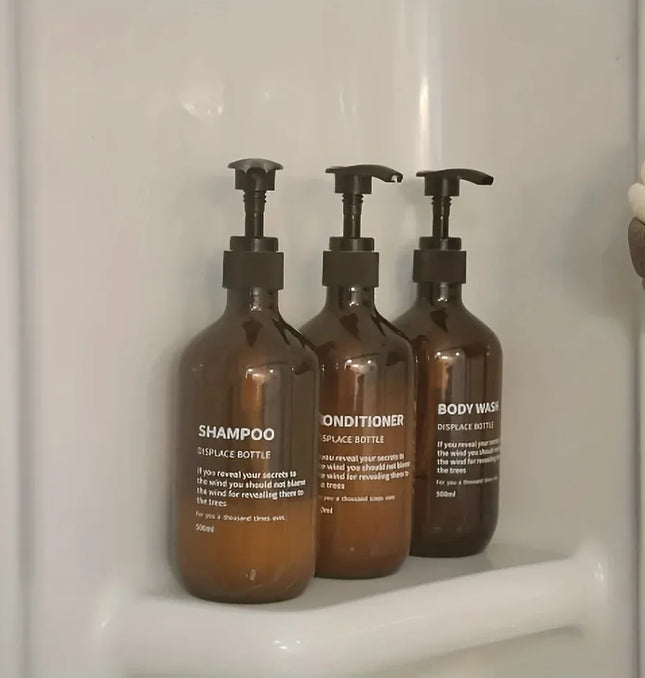 EcoWarra Amber 3pcs Waterproof Shampoo Conditioner Dispenser Set Reusable Pump Bottles for Shower Soap Body Wash Hair Care with Printed Label