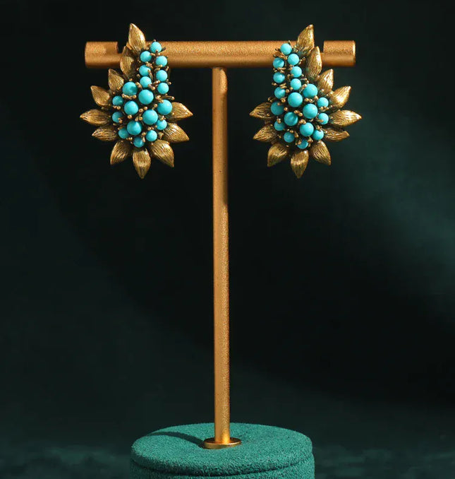EcoWarra 01 Vintage Beaded Sea Blue Natural Stones Tree Leaf Stud Earrings Antique Jewelry Bohemia Retro Luxury Party Bride Accessories 2024