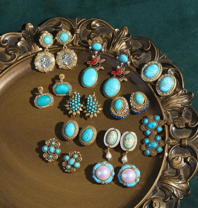EcoWarra 01 Vintage Beaded Sea Blue Natural Stones Tree Leaf Stud Earrings Antique Jewelry Bohemia Retro Luxury Party Bride Accessories 2024