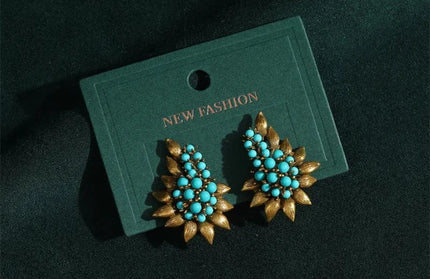 EcoWarra 01 Vintage Beaded Sea Blue Natural Stones Tree Leaf Stud Earrings Antique Jewelry Bohemia Retro Luxury Party Bride Accessories 2024