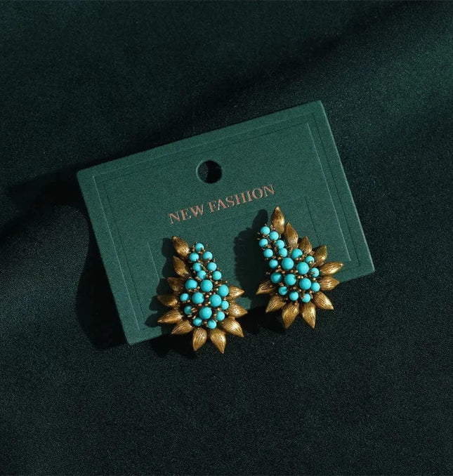 EcoWarra 01 Vintage Beaded Sea Blue Natural Stones Tree Leaf Stud Earrings Antique Jewelry Bohemia Retro Luxury Party Bride Accessories 2024