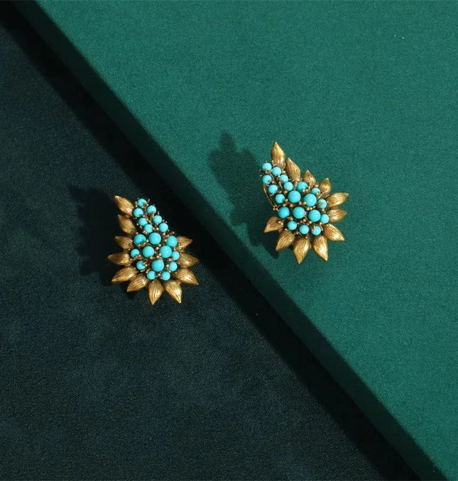 EcoWarra 01 Vintage Beaded Sea Blue Natural Stones Tree Leaf Stud Earrings Antique Jewelry Bohemia Retro Luxury Party Bride Accessories 2024