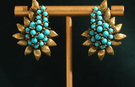 EcoWarra 01 Vintage Beaded Sea Blue Natural Stones Tree Leaf Stud Earrings Antique Jewelry Bohemia Retro Luxury Party Bride Accessories 2024
