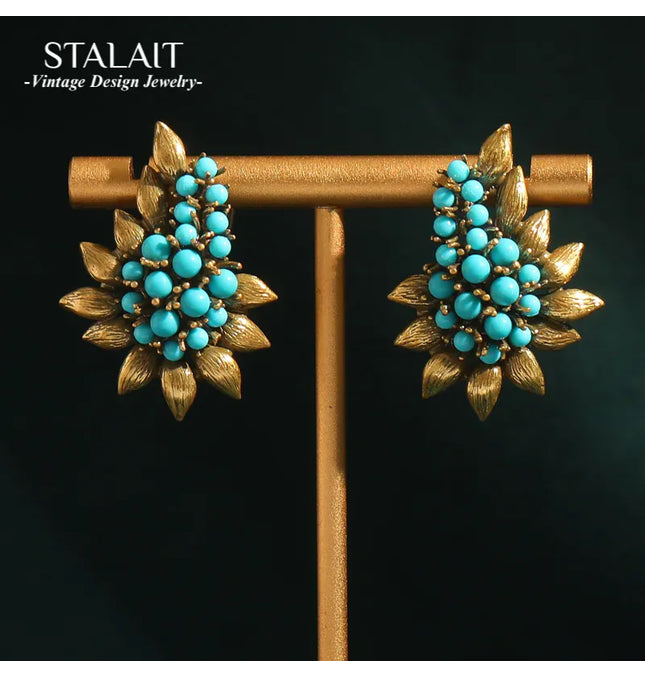 EcoWarra 01 Vintage Beaded Sea Blue Natural Stones Tree Leaf Stud Earrings Antique Jewelry Bohemia Retro Luxury Party Bride Accessories 2024