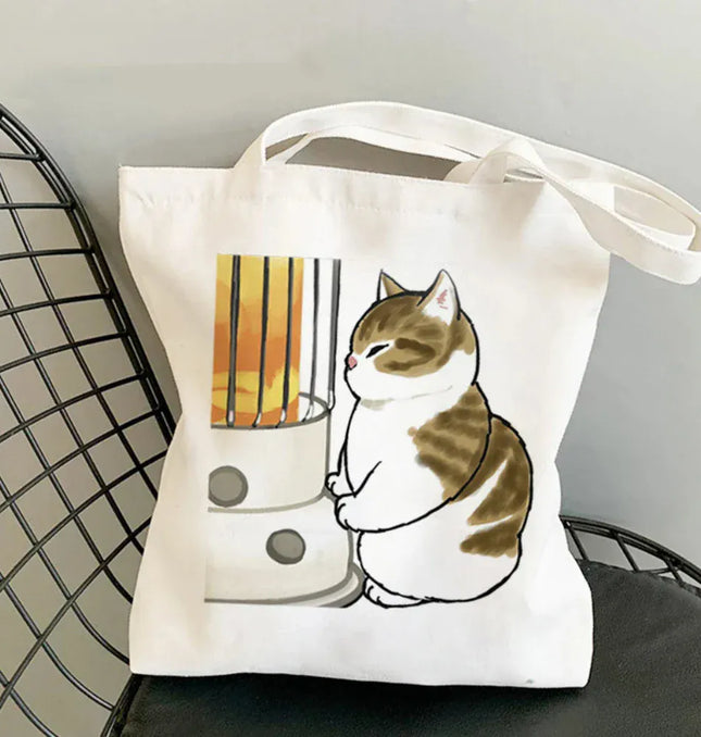 EcoWarra 1 Kawai Cats and Food Creativity Inspired Canvas Bag Casual Shoulder Bag Eco Friendly Little Cat Bag for Shopping Office Travel