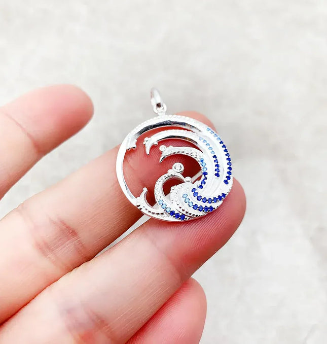 EcoWarra 1 Wave With Blue Stone Pendants New Expressive Jewelry Pure 925 Sterling Silver Accessories Ocean Gift For Women