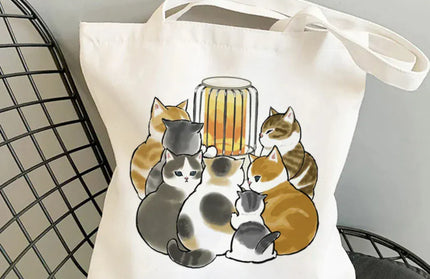 EcoWarra 10 Kawai Cats and Food Creativity Inspired Canvas Bag Casual Shoulder Bag Eco Friendly Little Cat Bag for Shopping Office Travel